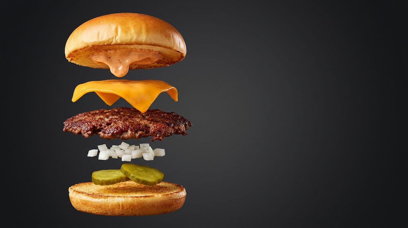 Vue éclatée d'un smash burger Burgz : pain brioché, sauce maison, cheddar, steak Black Angus, oignons et pickles